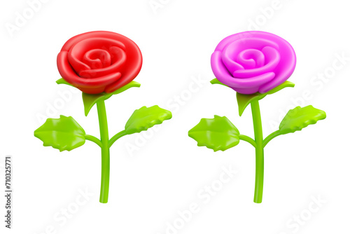 Vector 3d rose icon. Red and pink flower in cartoon stylized illustration, isolated on white background. Happy mothers day or Women day concept. Romance design element
