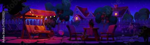 Night backyard garden with furniture and fence. Vector cartoon illustration of suburban town street with houses, swing decorated with garland lights, wooden armchair and table under dark starry sky