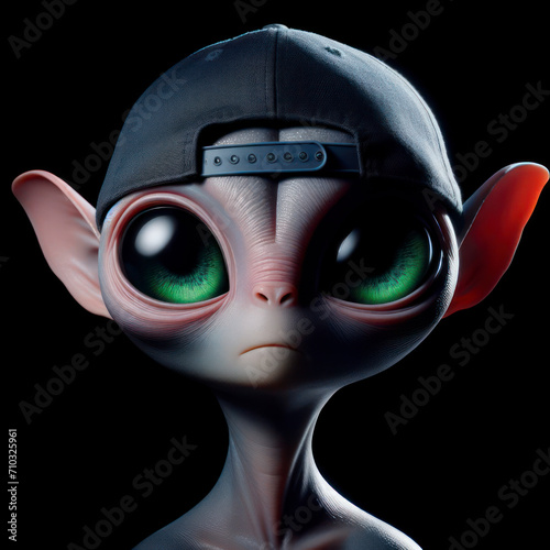 Photo of a Alien with big green eyes wear cap on solid black background. ai generative