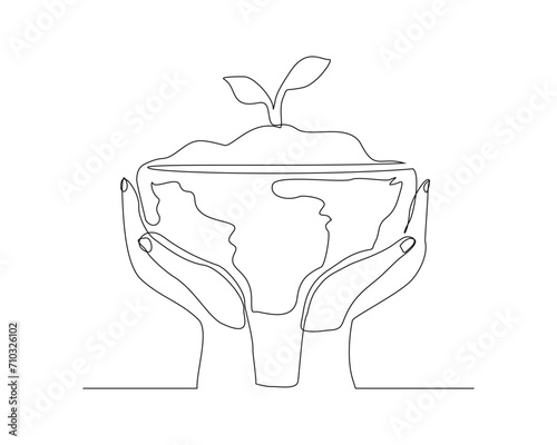 Continuous single line sketch drawing of palm hand holding earth globe and plant tree save world environment. One line art of protect nature ecology earth care world day vector illustration 