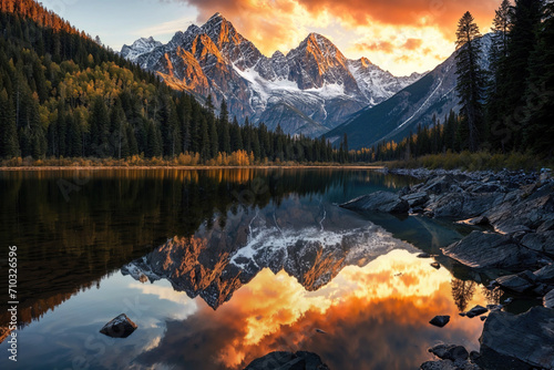Reflection of mountains in a lake at sunset. Landscape