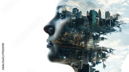 cityscape within female face through a striking double exposure design.