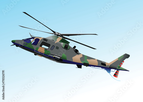 Army helicopter in air. Vector 3d illustration. Hand drawn illustration