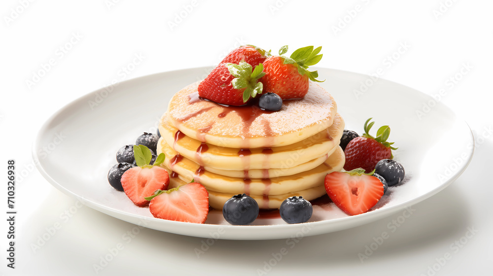 Stack of delicious and mouth-watering pancakes with slices of strawberry and blueberries as toping against solid white background Stack of delicious and mouth-watering pancakes with slices of strawberry and blueberries as toping against solid white background