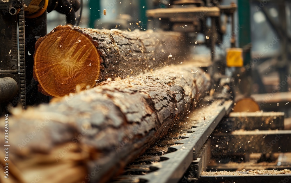 Sawmill processing logs into planks, focusing on the power and ...