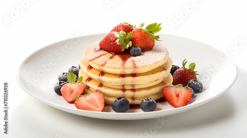 Stack of delicious and mouth-watering pancakes with slices of strawberry and blueberries as toping against solid white background