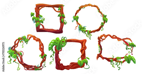 Jungle liana creeping vines with leaves and flowers formed in rectangle and circle frames for game ui design. Cartoon vector set of borders made of rainforest plant branches with tropical greenery.