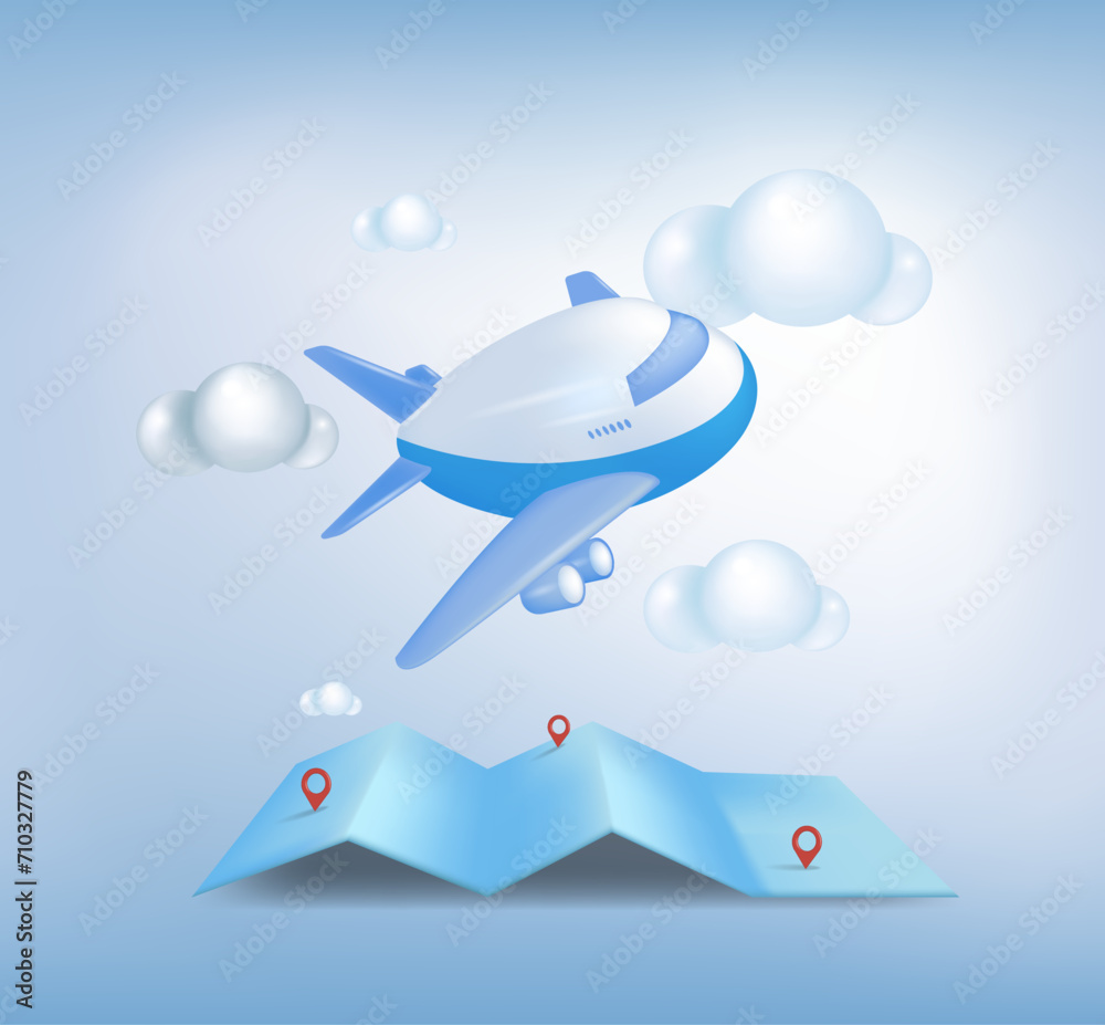 
A minimalistic cartoon airplane. The concept of travel, 
tourism, vacation planning by plane. Booking tickets 
and passenger service. 3d vector illustration.
