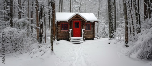 A snowy winter day with steps leading to a red door of a small cabin. © AkuAku