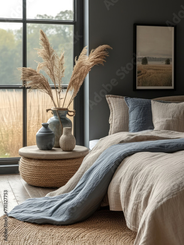 luxury cozy interior design of bedroom in villa, hotel, apartment