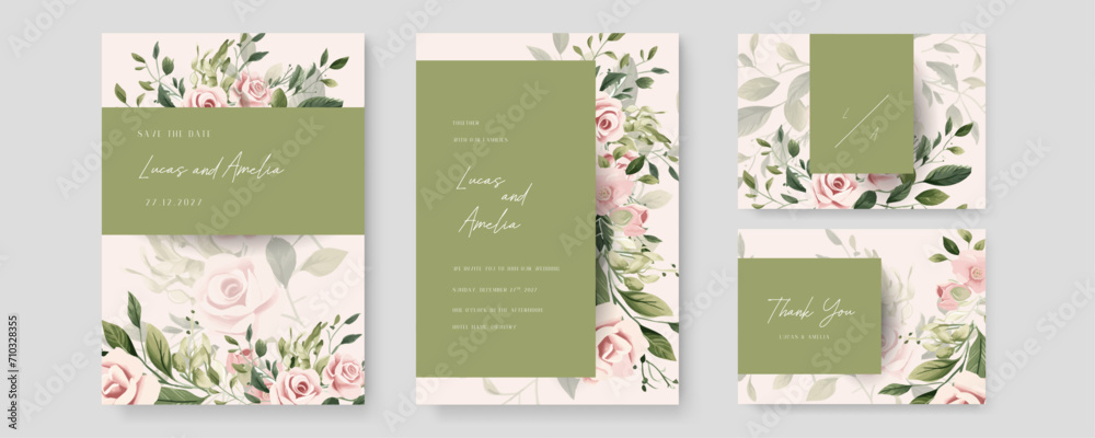 Pink rose floral wedding invitation card template set with flowers frame decoration. Gradient golden luxury boho watercolor wedding floral invitation template