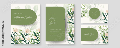 Pink and green carnation set of wedding invitation template with shapes and flower floral border. Gradient golden luxury boho watercolor wedding floral invitation template photo