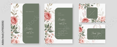 Pink rose wedding invitation card template with flower and floral watercolor texture vector. Gradient golden luxury boho watercolor wedding floral invitation template