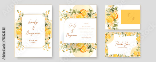Yellow lemon and camellia artistic wedding invitation card template set with flower decorations. Gradient golden luxury boho watercolor wedding floral invitation template