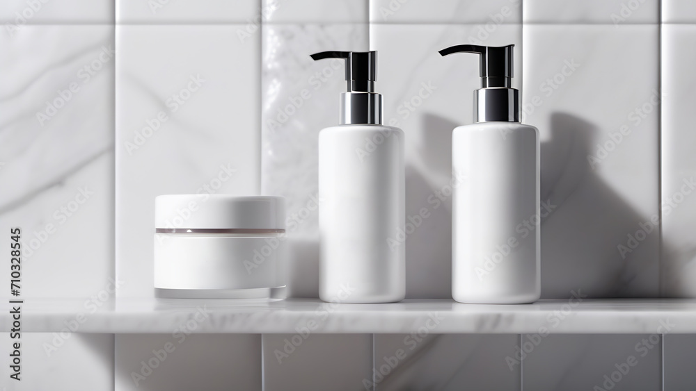 Skincare cosmetics on a shelf in a white bathroom. Cream jar container for shower gel, soap, shampoo without labels or brands. Body care, hygiene and spa concept - obrazy, fototapety, plakaty 