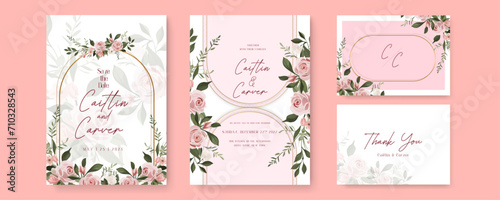 Pink rose vector wedding invitation card set template with flowers and leaves watercolor. Gradient golden luxury boho watercolor wedding floral invitation template