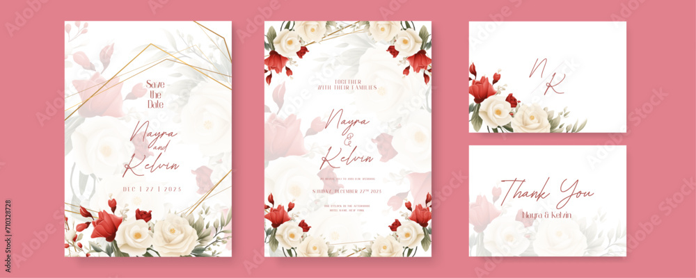 Red and white rose elegant wedding invitation card template with watercolor floral and leaves. Gradient golden luxury boho watercolor wedding floral invitation template