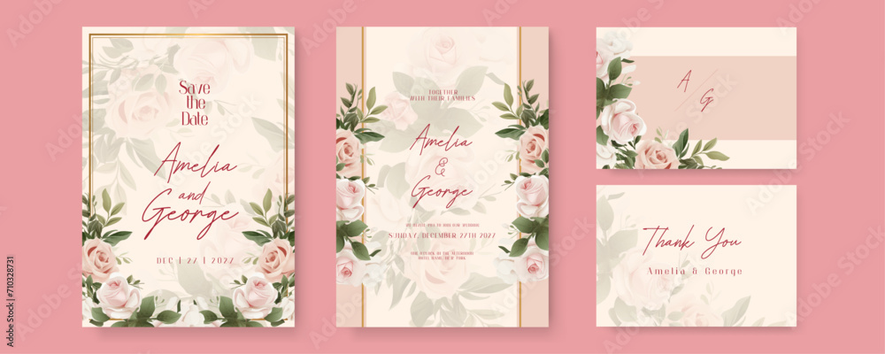 Beige and pink rose artistic wedding invitation card template set with flower decorations. Gradient golden luxury boho watercolor wedding floral invitation template