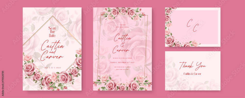 Pink rose modern wedding invitation template with floral and flower. Gradient golden luxury boho watercolor wedding floral invitation template