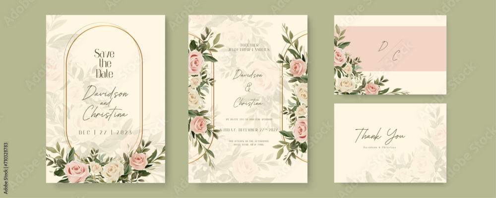 Beige and pink rose beautiful wedding invitation card template set with flowers and floral. Gradient golden luxury boho watercolor wedding floral invitation template