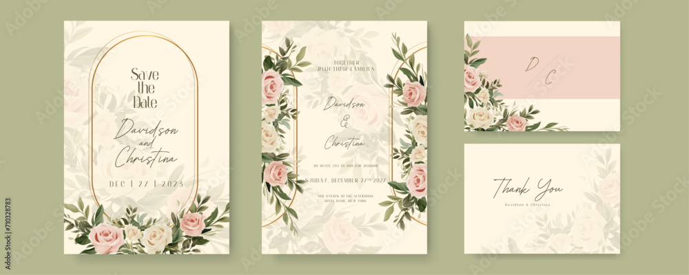 Beige and pink rose beautiful wedding invitation card template set with flowers and floral. Gradient golden luxury boho watercolor wedding floral invitation template Beige and pink rose beautiful wedding invitation card template set with flowers and floral. Gradient golden luxury boho watercolor wedding floral invitation template