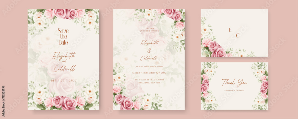 Pink and beige rose and poppy floral wedding invitation card template set with flowers frame decoration. Gradient golden luxury boho watercolor wedding floral invitation template