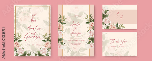 Beige and pink rose artistic wedding invitation card template set with flower decorations. Gradient golden luxury boho watercolor wedding floral invitation template