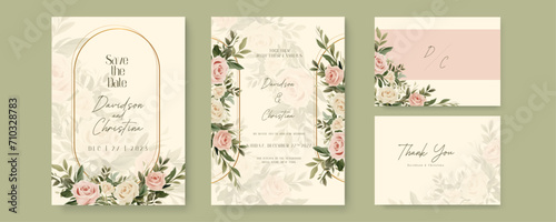 Beige and pink rose beautiful wedding invitation card template set with flowers and floral. Gradient golden luxury boho watercolor wedding floral invitation template