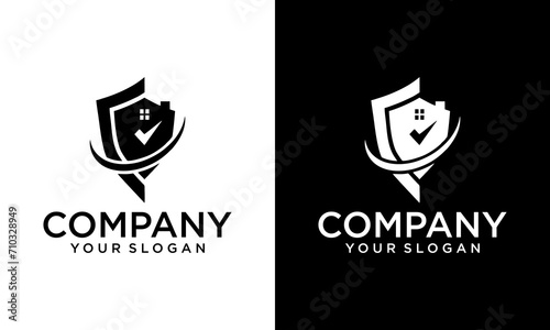 Creative Home Protect logo design template. Vector shield and house logo. Graphic home security icon.  building shield symbol. Security sign badge isolated on white and black background.
