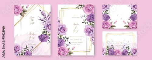 Purple violet rose luxury wedding invitation with golden line art flower and botanical leaves, shapes, watercolor. Gradient golden luxury boho watercolor wedding floral invitation template