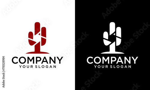 Creative Cactus and lens Camera icon logo design with negative space style illustraton