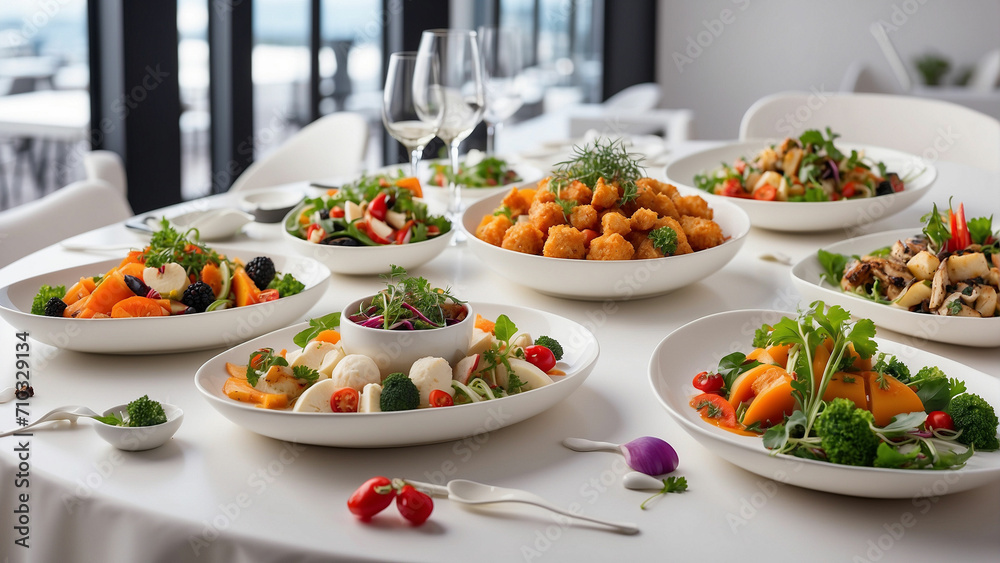 captivating scene with a medley of vegetarian delights arranged on a pristine white wooden table in the ambiance of a contemporary restaurant captivating scene with a medley of vegetarian delights arranged on a pristine white wooden table in the ambiance of a contemporary restaurant