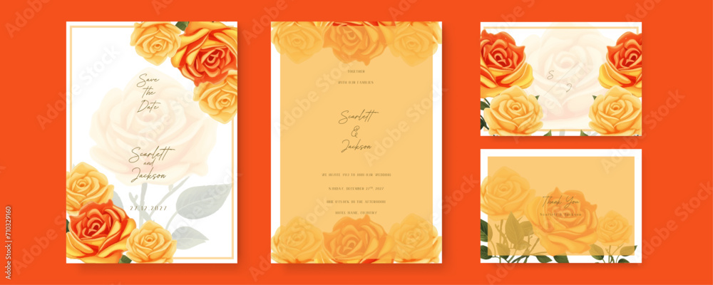 Fototapeta premium Orange and yellow rose beautiful wedding invitation card template set with flowers and floral. Gradient golden luxury boho watercolor wedding floral invitation template