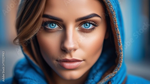 A beautiful woman with bright blue eyes wearing a blue paranja looks straight into the camera. Close portrait of a dark brunette. Hypnotic piercing gaze photo