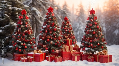 christmas trees with red and golden garlands into a forest with snowy flakes with shape of stars close