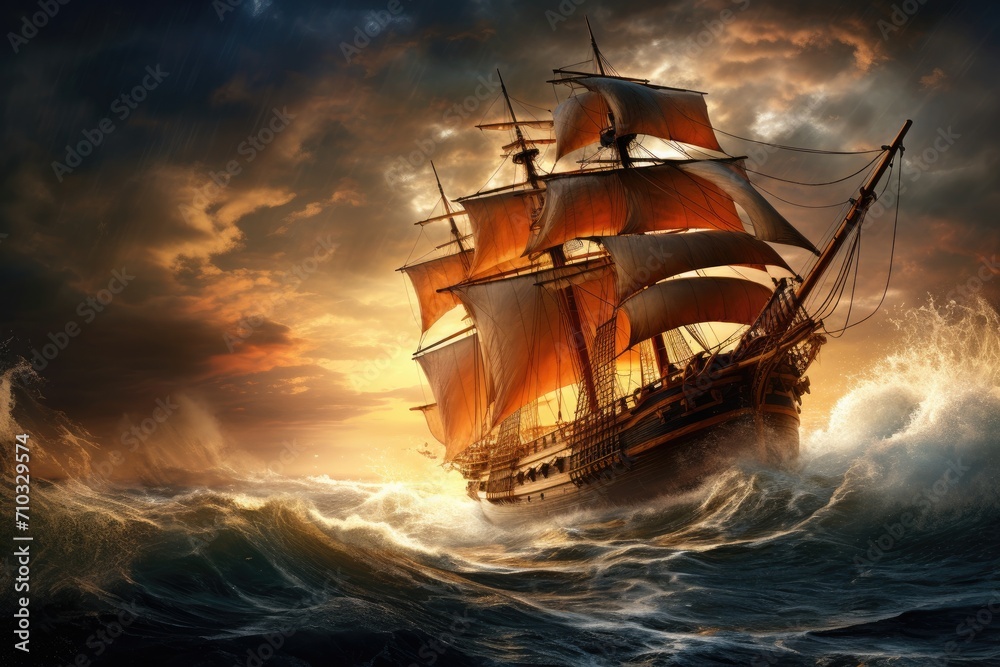 A captivating painting of a majestic sailing ship gracefully navigating the vast open ocean, A vintage wooden sailing ship battling a stormy sea, AI Generated