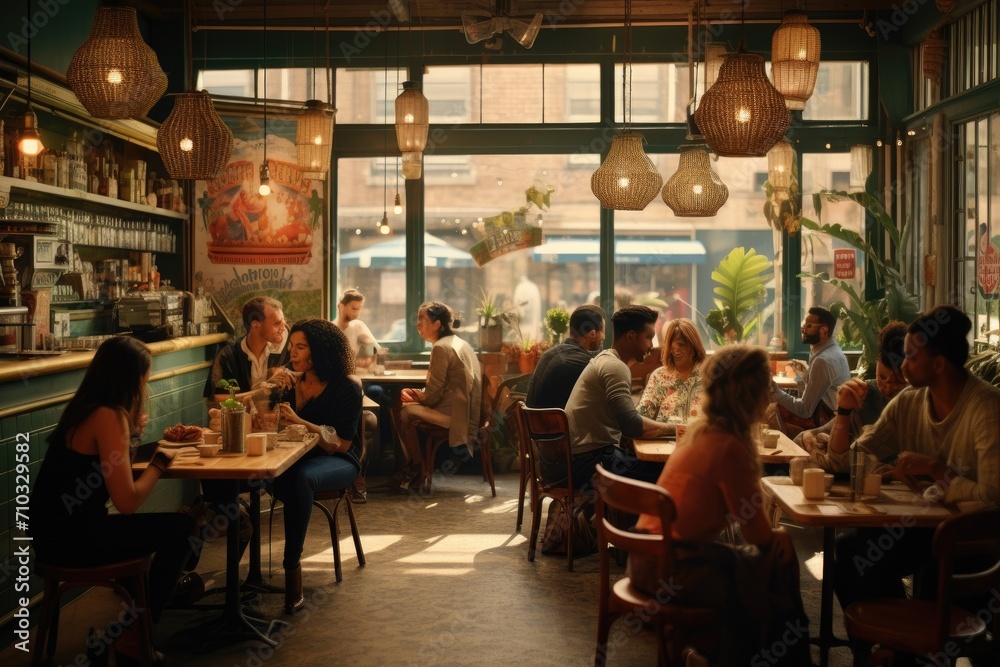 A diverse group of individuals enjoying a meal together at tables in a bustling restaurant, A vintage-style coffee shop crowded with millennials, AI Generated A diverse group of individuals enjoying a meal together at tables in a bustling restaurant, A vintage-style coffee shop crowded with millennials, AI Generated