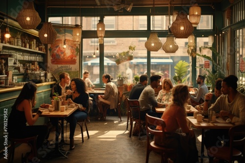 A diverse group of individuals enjoying a meal together at tables in a bustling restaurant, A vintage-style coffee shop crowded with millennials, AI Generated