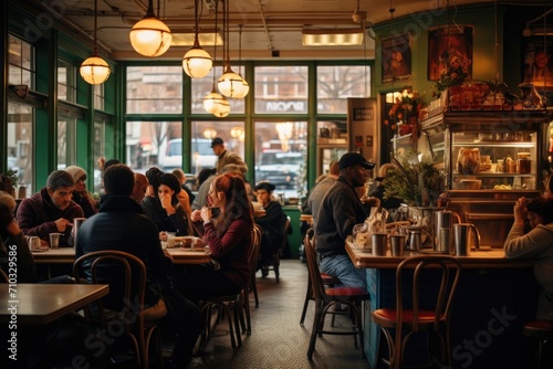 A vibrant scene of people gathered around tables  enjoying a meal and conversation in a bustling restaurant  A vintage-style coffee shop crowded with millennials  AI Generated