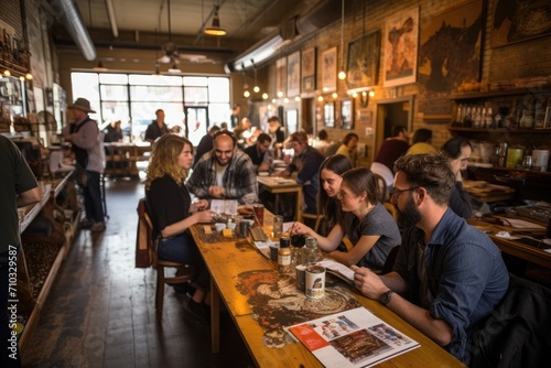 A diverse group of individuals sitting around a table in a popular restaurant, enjoying a meal and engaged in conversation, A vintage-style coffee shop crowded with millennials, AI Generated