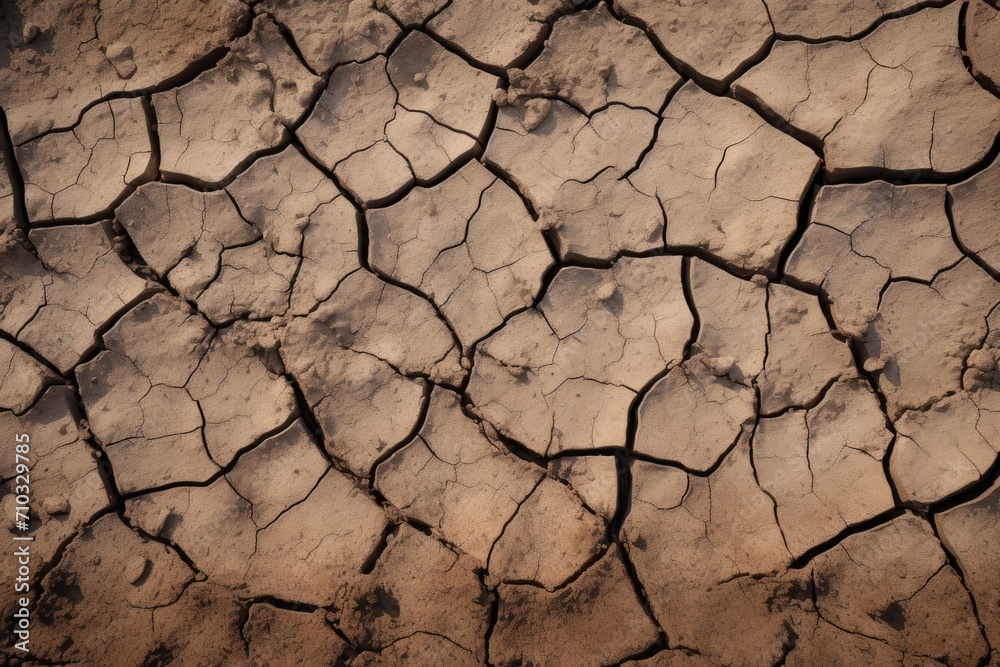 This close-up image showcases a cracked dirt surface, revealing the visible impact of weathering and drought on the soil, A weathered and cracked texture of dry soil, AI Generated This close-up image showcases a cracked dirt surface, revealing the visible impact of weathering and drought on the soil, A weathered and cracked texture of dry soil, AI Generated