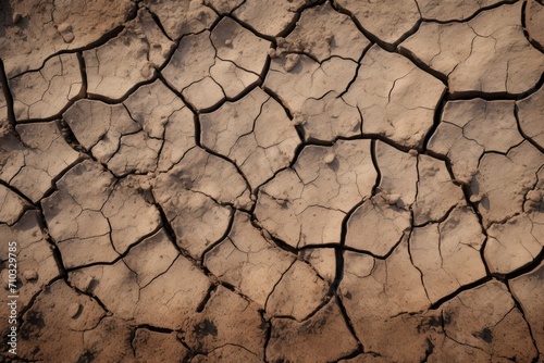 This close-up image showcases a cracked dirt surface, revealing the visible impact of weathering and drought on the soil, A weathered and cracked texture of dry soil, AI Generated