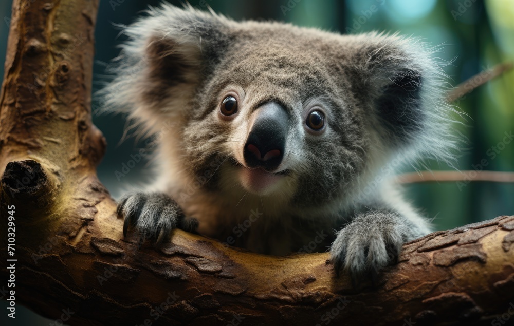 Obraz premium Koala bear standing on a tree branch in the wild, baby wild animals picture