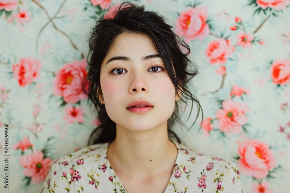 Romantic studio portrait of a Japanese woman with a soft gaze, isolated on a floral background Romantic studio portrait of a Japanese woman with a soft gaze, isolated on a floral background