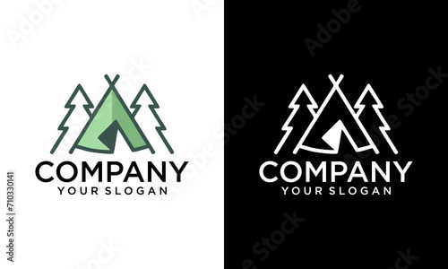 Creative tent/camp pine logo vector vintage illustration template icon graphic design. camping outdoors nature adventure sign or symbol for travel tourism with retro typography style