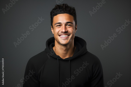 Casual Confidence: Portrait of a Smiling Man in a Black Hoodie on a Black Background