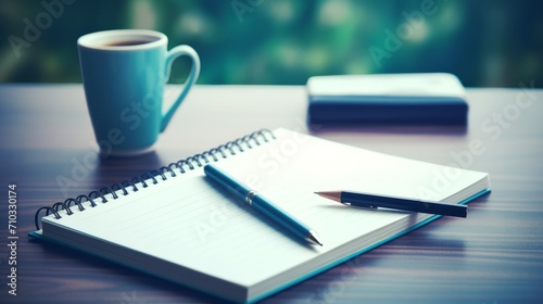 A work desk with an open notepad  pen and a cup of coffee. Business  morning concepts.