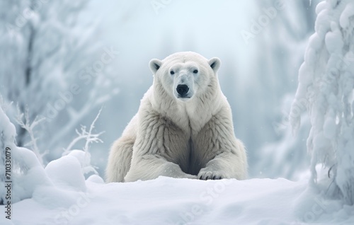 Male polar bear sits in the snow, bears and arctic wildlife concept