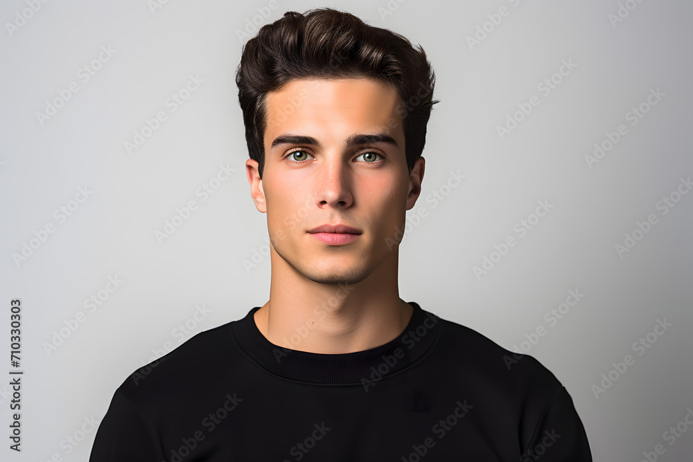 Fototapeta premium Confident Style: Portrait of a Handsome Young Man in Black T-Shirt on White Background