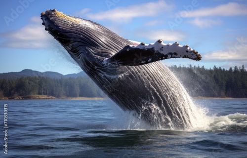 Majestic humpback whale jumps out of ocean waves, dolphins and whales image